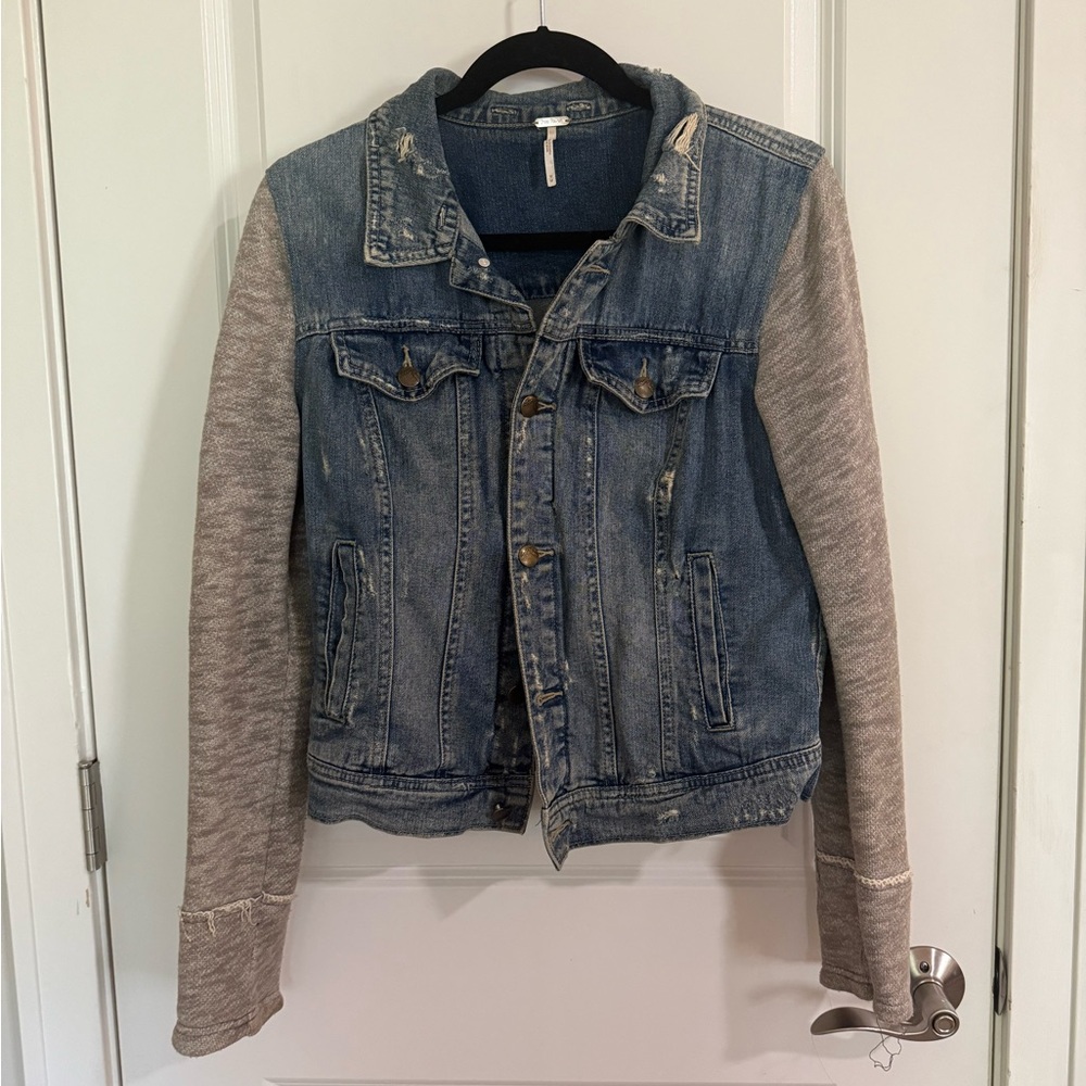 Free People Blue Denim Jacket with Gray Sleeves
